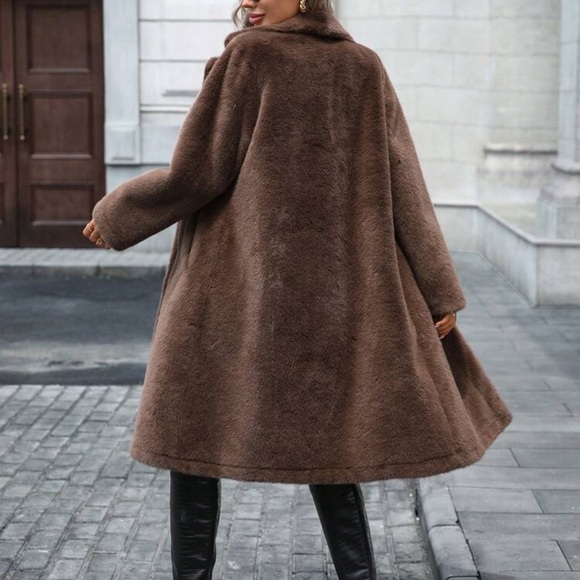 Vintage style luxury faux fur coat smooth fur chocolate brown mid length - Picture 2 of 6